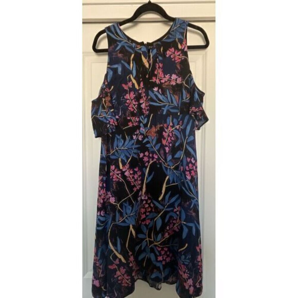 Anthropologie Maeve Elia Fit Flare Dress Black Floral Gathered Neck‎ Size 12